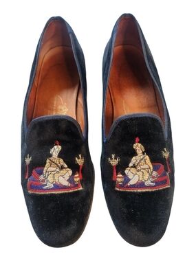 Stubbs & Wootton Black Velvet Embroidered Sultan Slippers, Women's Sz 10